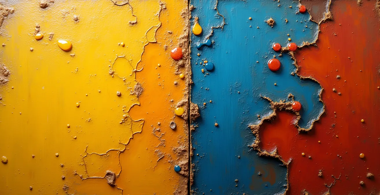 Ein Probe-Reinigungsfenster an einem alten Ölgemälde zeigt den beeindruckenden Unterschied zwischen der vergilbten und der professionell gereinigten Oberfläche.