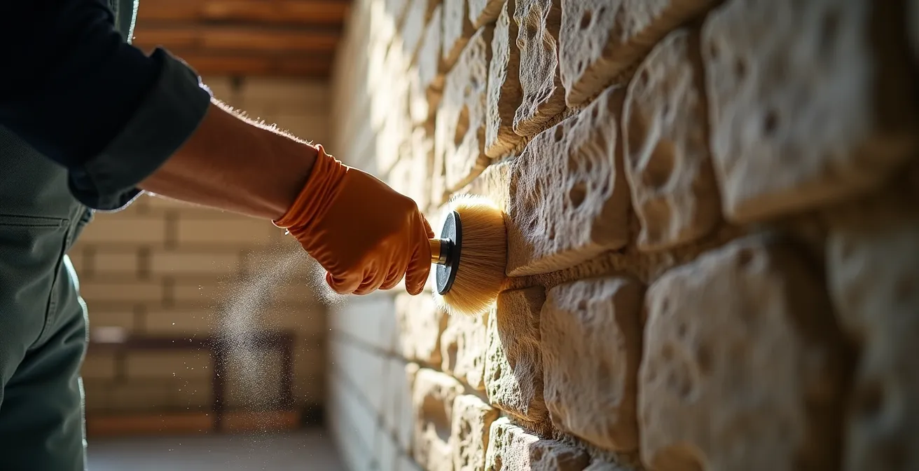 Nahaufnahme einer Steinwand während schonender Trockenreinigung mit speziellen Bürstenaufsätzen