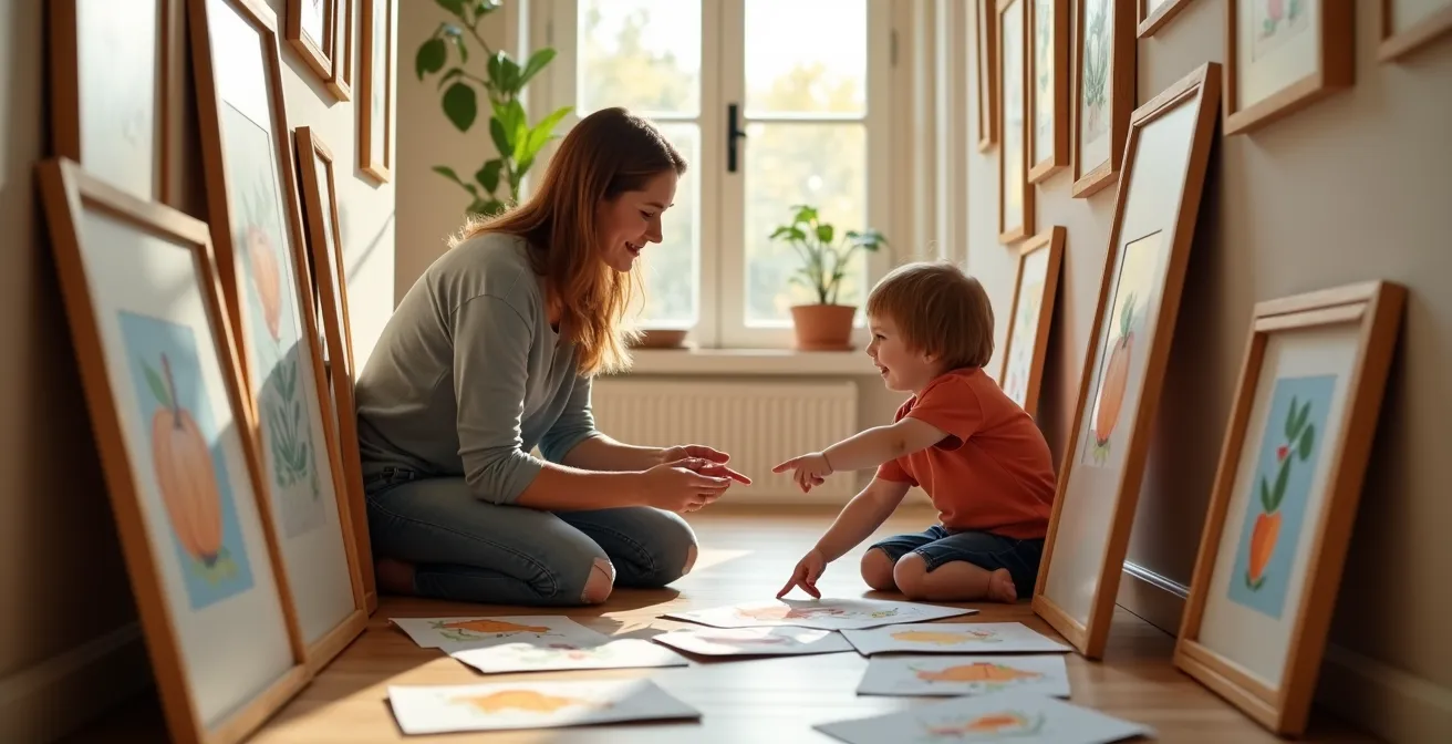 Flurwand mit austauschbarer Kinderkunst-Galerie passend zur Jahreszeit dekoriert