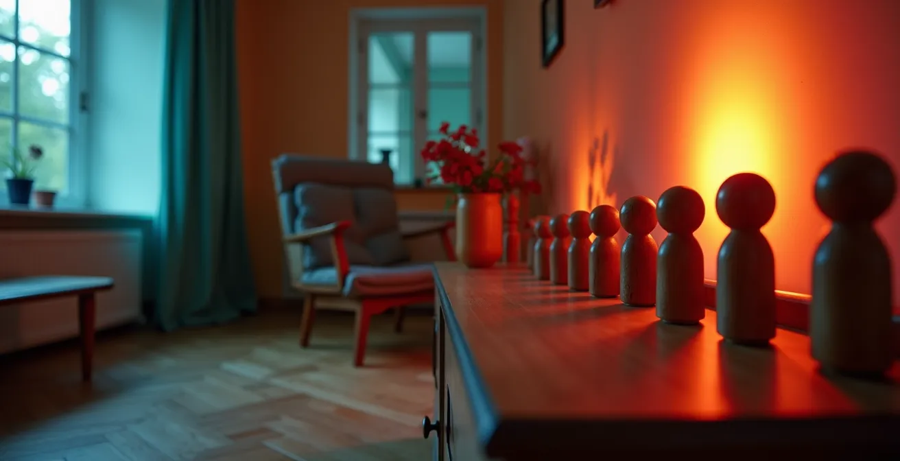 Wohnzimmer-Querschnitt zeigt sichere und gefährliche Zonen für Holzfiguren, mit roten Bereichen nahe Heizung und Fenster und blauen, sicheren Bereichen an Innenwänden.