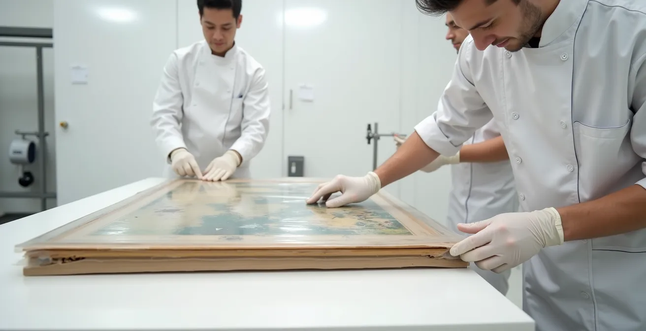 Ein Ölgemälde wird fachgerecht für den Transport vorbereitet, wobei verschiedene Schichten von Schutzmaterialien wie Seidenpapier und Karton zum Einsatz kommen.