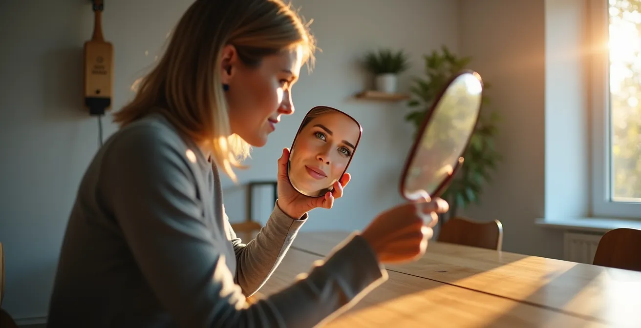 Eine Person nutzt den Spiegel-Trick an einer Wand, um den optimalen Platzierungspunkt für ein Akustikbild am Esstisch zu bestimmen.