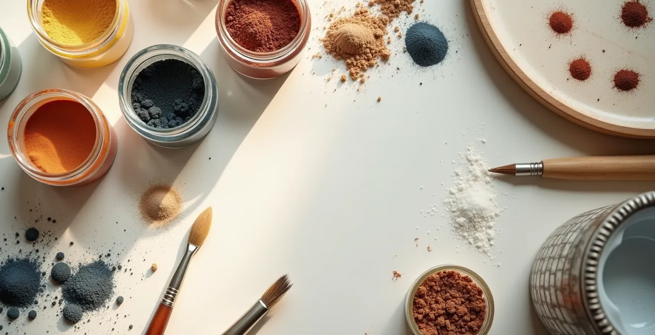 Arbeitsplatz eines Restaurators mit Farbpasten, Quarzsand und Reparaturmörtel für Sandstein