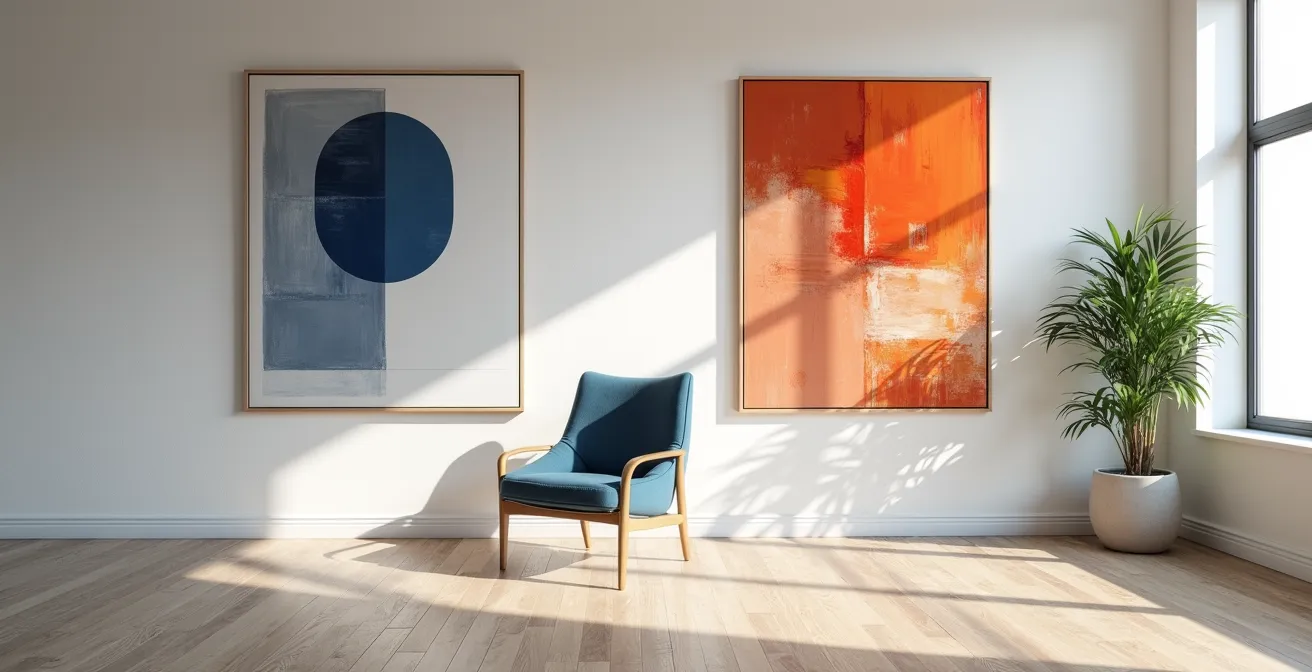 Geteiltes Bild zeigt links symmetrische geometrische Kunst in einem Büro und rechts dynamische abstrakte Malerei im gleichen Büro