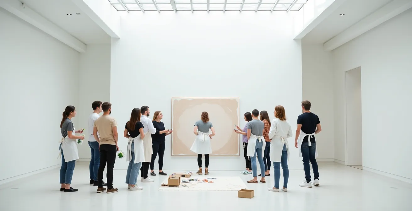 Diverse Gruppe von Kollegen arbeitet gemeinsam an großer Leinwand