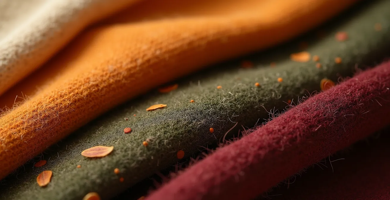 Makroaufnahme von verschiedenen Kissenbezügen und Textilien in warmen Herbstfarben