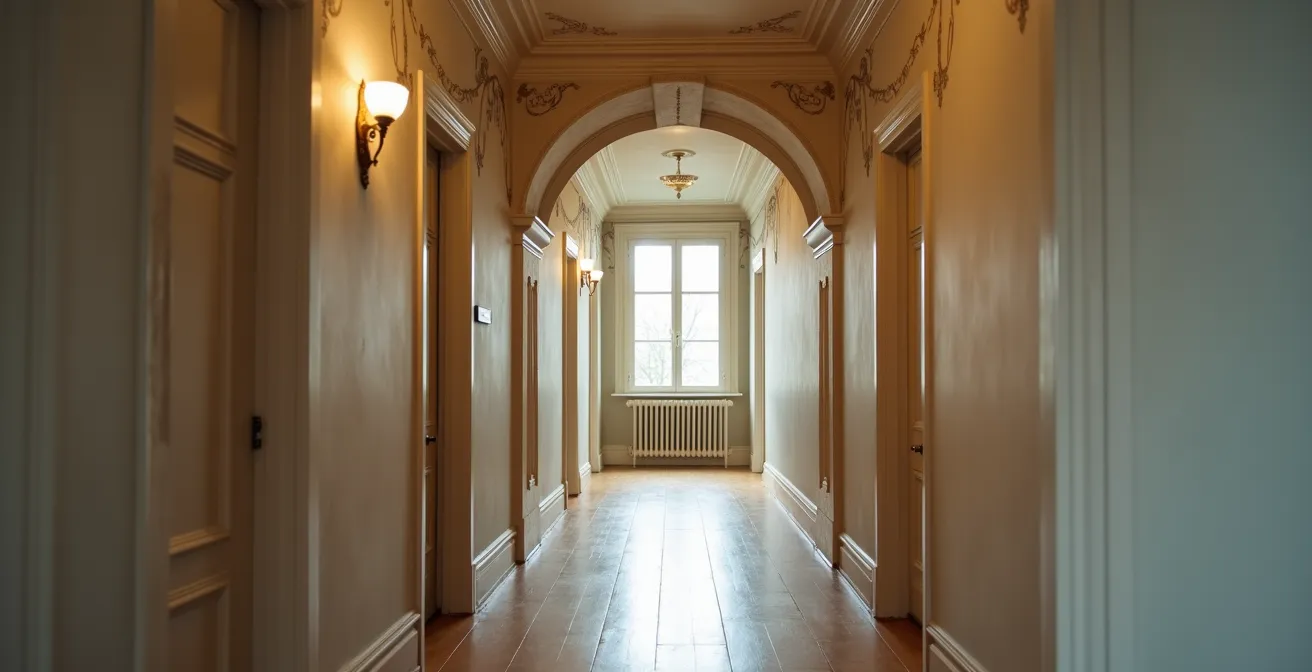 Schmaler Flur mit illusionistischer Wandmalerei die Raumtiefe erzeugt