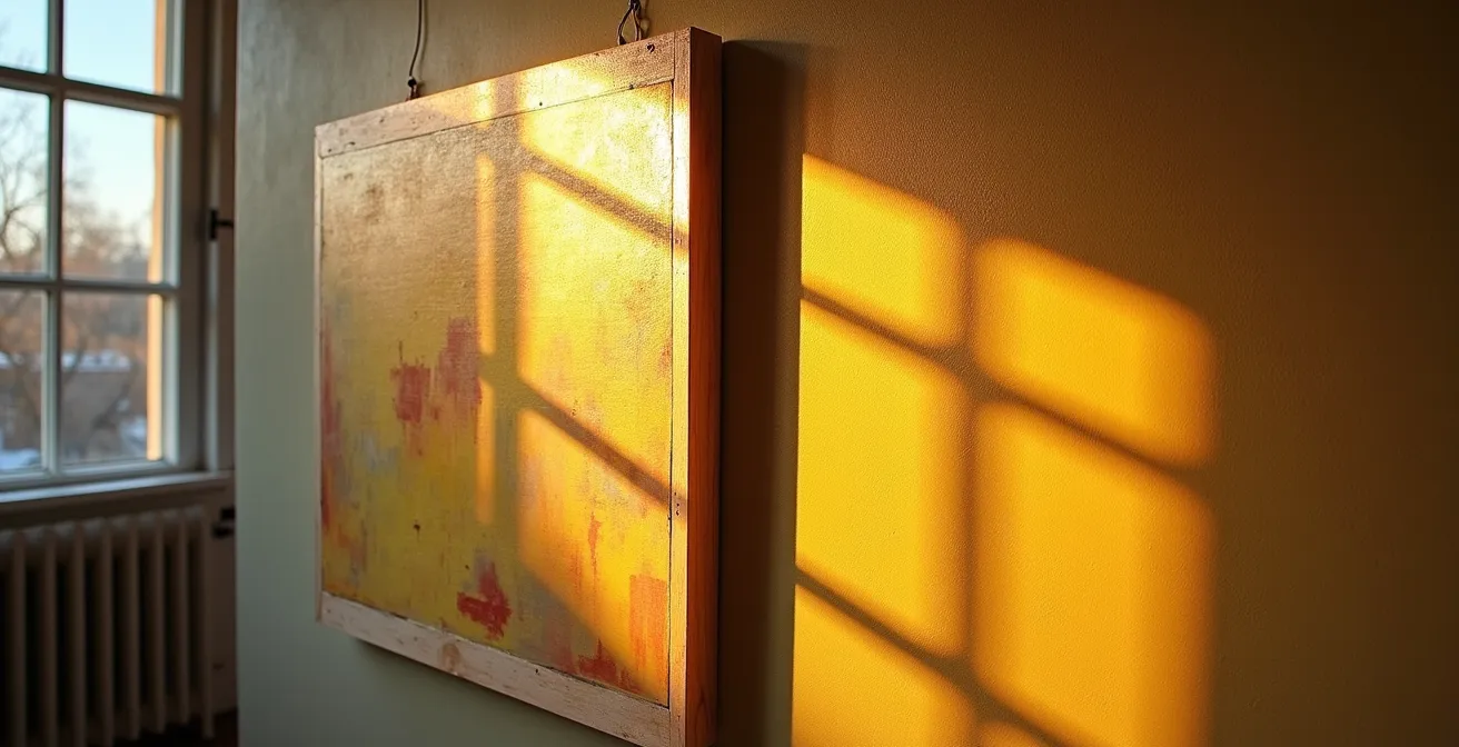 Geteilte Darstellung eines Gemäldes: links leuchtende Farben hinter Museumsglas, rechts ausgeblichene Farben durch Sonnenschaden.