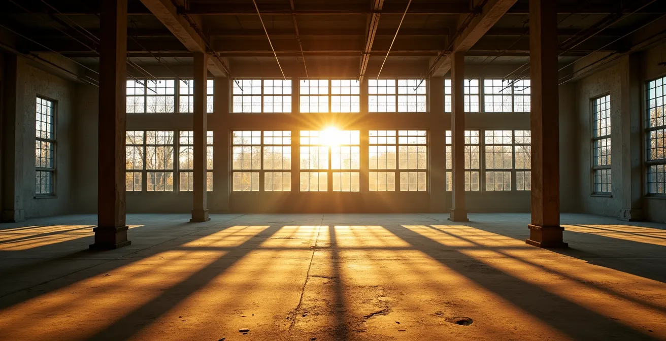 Verlassene Bauhaus-Fabrikhalle mit dramatischem Lichteinfall durch zerbrochene Fenster