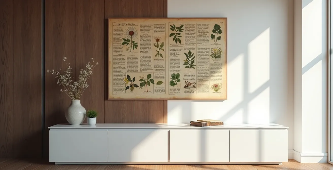 Vintage botanische Lehrtafel kontrastiert mit minimalistischem Interieur