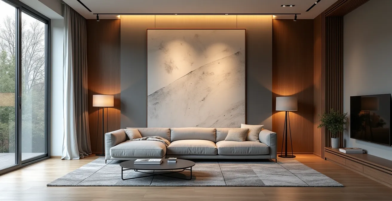 Ein großes Akustikbild wird elegant über einem modernen Sofa in einem deutschen Wohnzimmer beleuchtet.